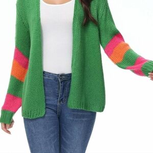 Womens Lightweight Cardigans Sweater Color Block Knit Open Front Long Sleeve Ove